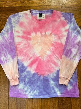 Child Large (14-16) Purple & Pink Heart Pattern Tie-Dye Long Sleeve Shirt